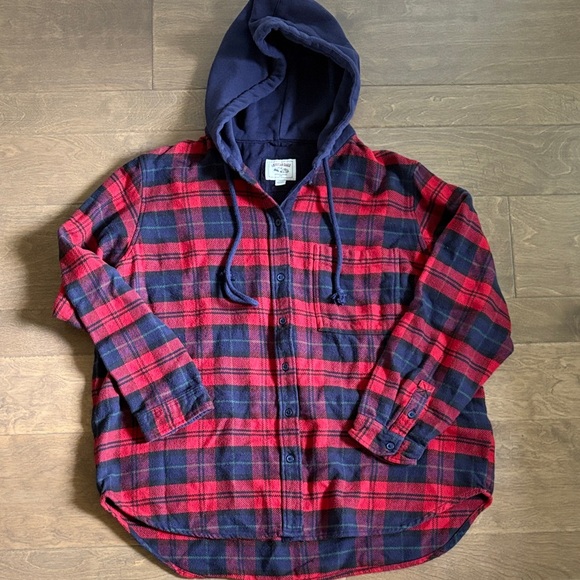 American Eagle Outfitters Other - American Eagle Flannel Plaid Hoodie Shacket Black Red Men’s Large